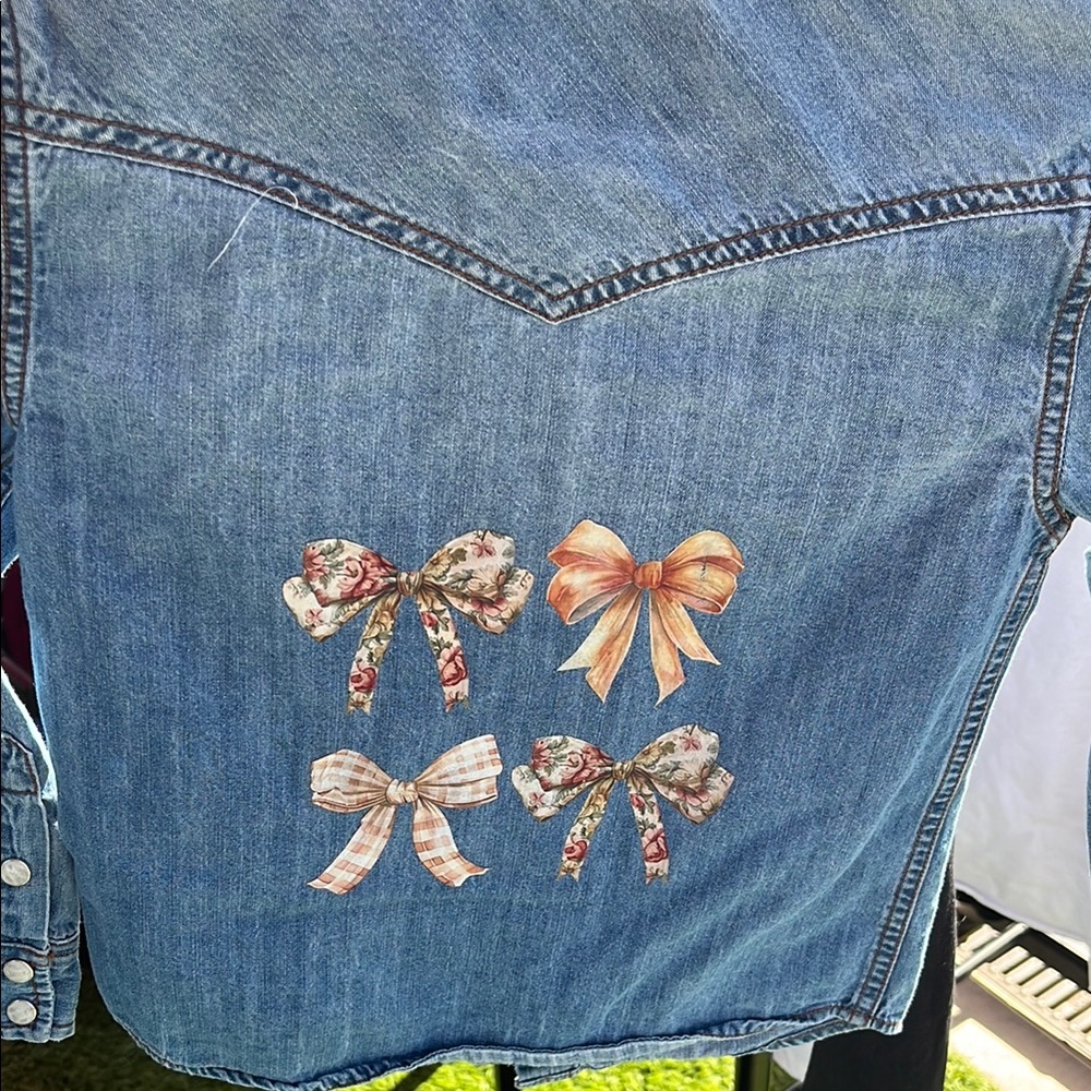 Denim Jacket with Floral and Plaid Bow Design